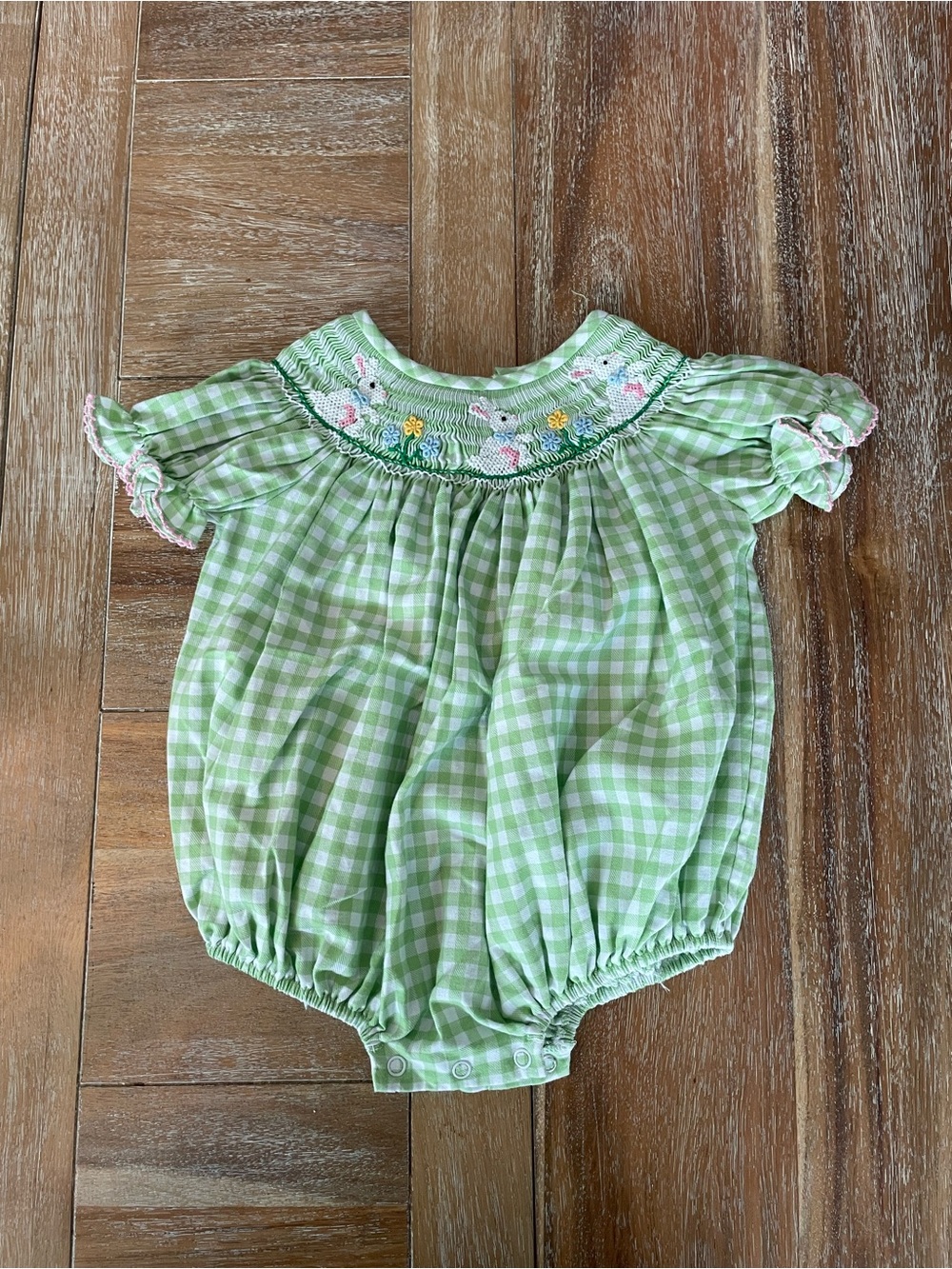 Smocked Green Gingham Baby One-Piece Romper